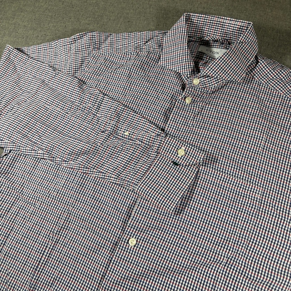 Eton Button Down Shirt Mens XL Blue Red Check Contemporary Fit Long Sleeve